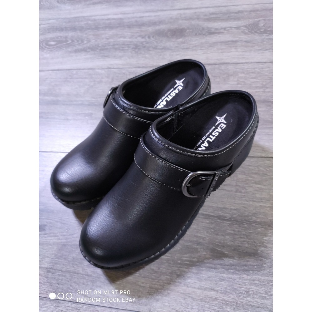 Eastland Nola Black Buckle Clogs Lug Sole Chunky Heel Mules Womens 6.5M